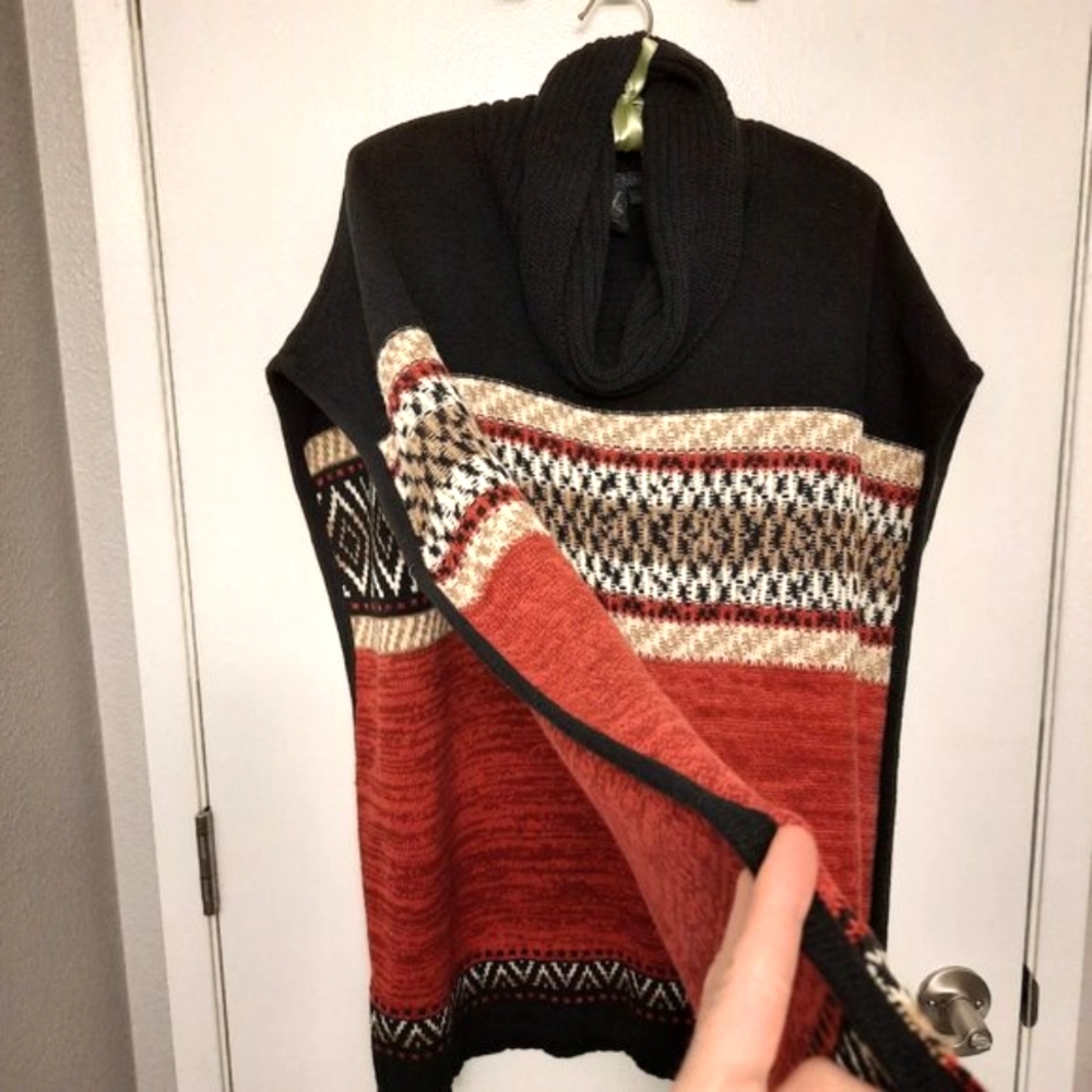 Boho Southwest Poncho Sweater - Black, Rust Red/Orange & Cream